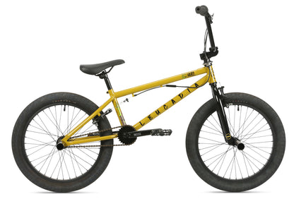 The Leucadia DLX by Haro Bikes is a yellow BMX bike featuring large black tires, a black handlebar, and a LEUCADIA labeled frame. Designed for freestyle BMX, it includes a single gear with protective chain cover and durable chromoly cranks for reliable rides.