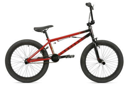 The Leucadia DLX by Haro Bikes is a red BMX freestyle bike with black handlebars, seat, and tires. It showcases bold black lettering on the frame, comes with a single gear, durable chromoly cranks, and is designed for tricks and street riding, perfect for enthusiasts.