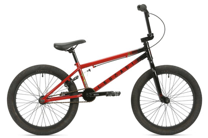 A sleek Haro Bikes Leucadia BMX, with its red frame and black handlebars and tires, stands against a white background. Its simple design, logo on the side, pedals, and traditional saddle seat make it ready for neighborhood rides or skatepark thrills for any biking enthusiast.