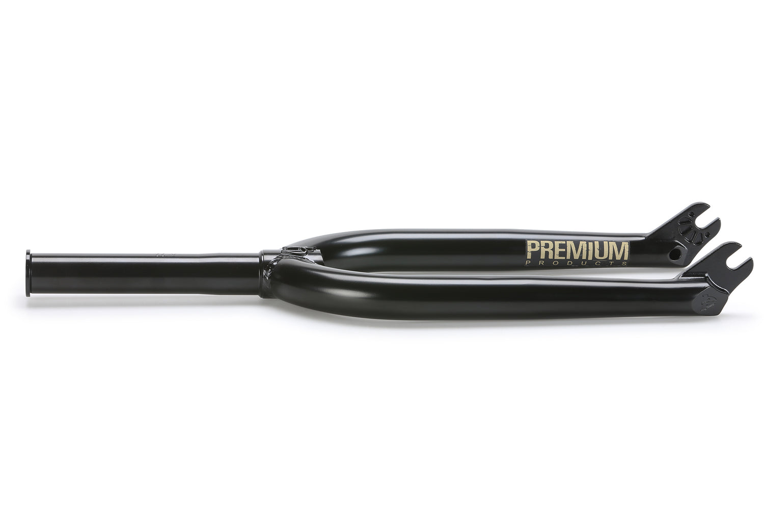 The CK V2 Fork by Premium is a black BMX bike fork with a smooth finish, made from chromoly tubing. It features a gold Premium Products logo on the side. The sleek design includes tapered legs for enhanced performance and is displayed horizontally against a white backdrop.