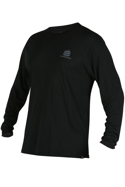 The Haro Bikes Haro MTB DryBlend Long Sleeve Shirt, in black with a subtle logo on the left chest, features a classic fit. Made from soft, moisture-wicking DryBlend fabric for comfort and a tailored look, it is displayed on a plain white background.