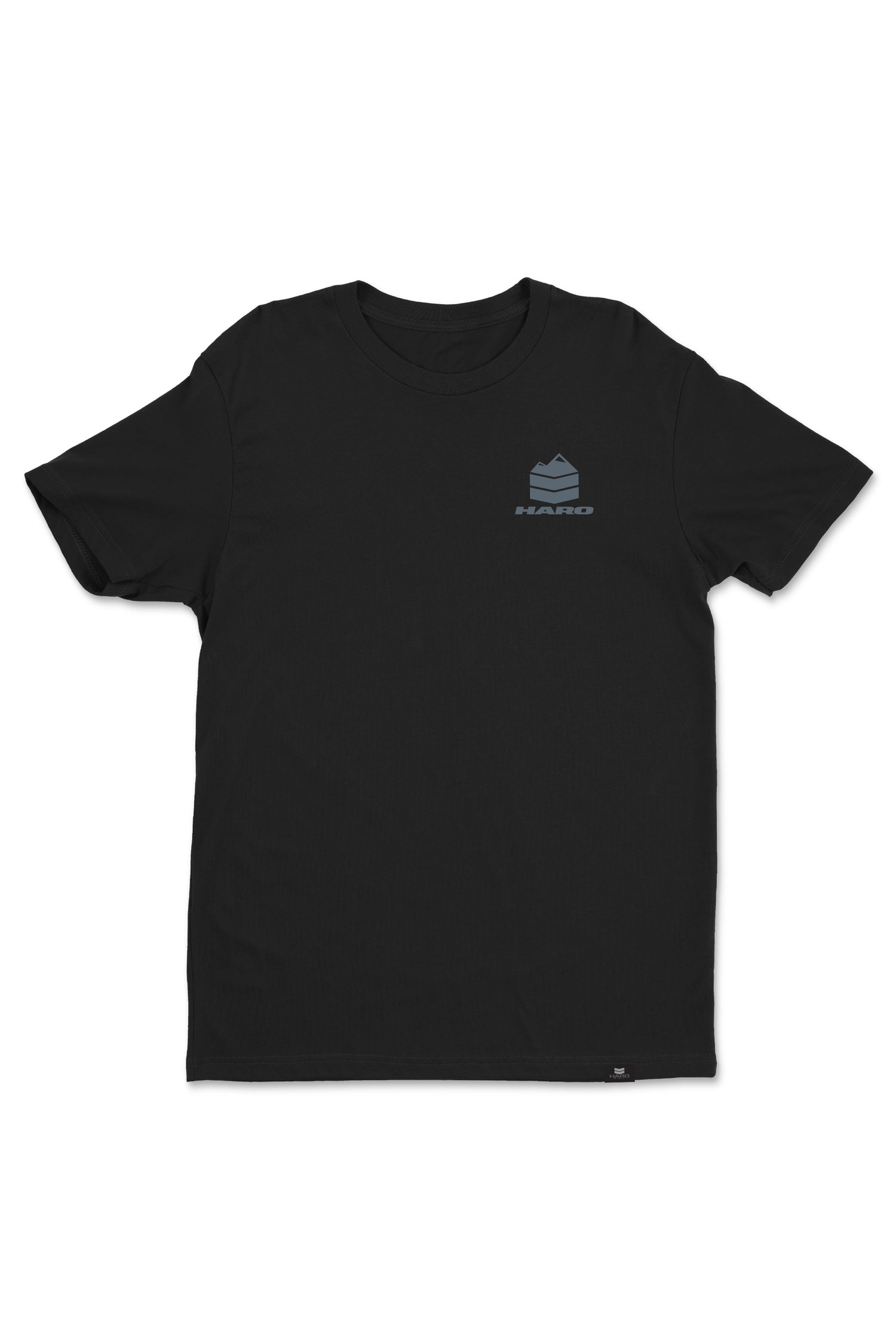 The Haro MTB DryBlend Shirt by Haro Bikes is a black T-shirt made from pre-shrunk jersey, showcasing a small logo on the upper left chest and integrated DryBlend technology for efficient moisture-wicking.