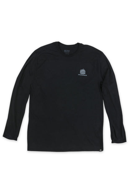 The Haro MTB DryBlend Long Sleeve Shirt by Haro Bikes is a black T-shirt with a small chest logo and a subtle bottom hem mark. Made with moisture-wicking DryBlend fabric, it offers a classic fit for comfortable and stylish casual wear.