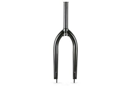 The Haro Bikes Baseline Fork is a black chromoly front bicycle fork with a straight steerer tube, curved blades, 3/8 dropouts, and a 24mm offset. Its clean design is highlighted against a white background for a streamlined look.