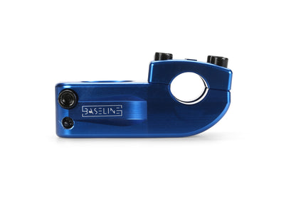 The Haro Bikes Baseline Top Load CNC Stem, made from 6061 aluminum, features a sleek blue finish with two bolt holes and BASELINE engraving, appearing new against a white background.