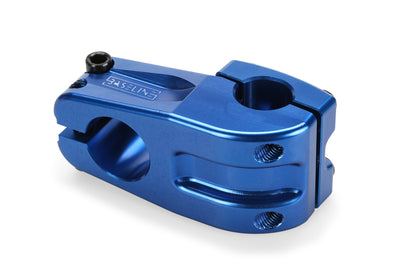 The Baseline Top Load CNC Stem by Haro Bikes, crafted from 6061 aluminum, features a sleek blue anodized finish with multiple bolt holes for secure attachment and a glossy look.