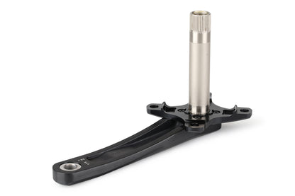 Close-up of a Haro Bikes Cliq Weaponz black crank arm with a silver spindle, ideal for BMX racing. The textured arm has pedal and gear attachments. The vertically oriented ridged-tip spindle is set against a plain white backdrop.