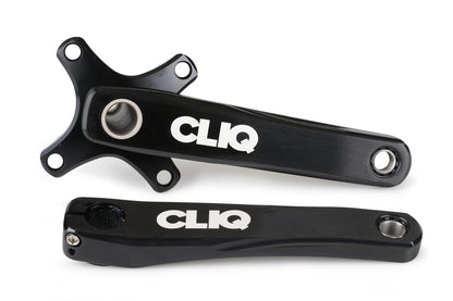 A pair of black Haro Bikes Cliq Weaponz crank arms features CLIQ in white. One arm shows its mounting face, while the other lies flat, highlighting length and connection points—a sleek addition to any Cliq Weaponz set.