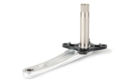 The Haro Bikes Cliq Weaponz Cranks, with a silver finish and black mounting interface, are designed for BMX race bikes. They include a spindle for connecting to the bottom bracket and pedal.