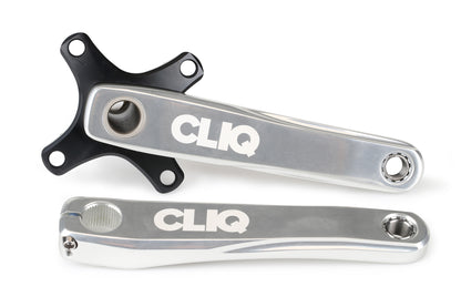 A pair of Haro Bikes silver Cliq Weaponz Cranks, ideal for BMX racing, prominently displays the CLIQ logo. One crank arm lies on its side, revealing the attachment point, while the other showcases the four-arm spider design standing upright.