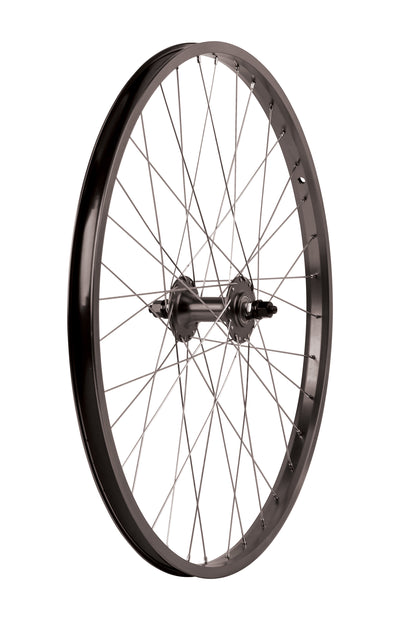 A Haro Bikes Legends Front Wheel with a sealed alloy hub and metal spokes against a white backdrop. The dark, metallic rim features double-wall rims, showcasing the radial spoke pattern and echoing Haro Legends Wheels quality.