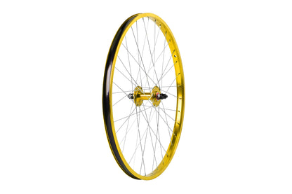 A yellow bicycle wheel with a metallic sheen, featuring sealed alloy hubs and multiple silver spokes, is shown against a white background. Angled to showcase its round shape and intricate spoke pattern, this design highlights the quality of Haro Bikes Legends Front Wheels.