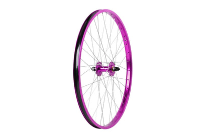 The Haro Bikes Legends Front Wheels boast a vibrant pink rim with double wall construction, sealed alloy hubs, and silver spokes on a white background.