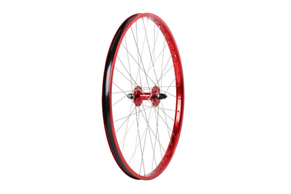 A red bicycle wheel with a black tire is set against a white background. It features sealed alloy hubs, silver spokes, and double wall rims for modern appeal. The sleek design of the Legends Front Wheels by Haro Bikes makes it stylish and durable.