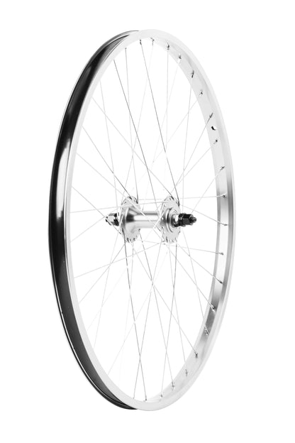 A Haro Bikes Legends Front Wheel is shown against a white background, featuring a bicycle wheel with a silver rim, multiple metal spokes, and double-wall rims. Sealed alloy hubs enhance durability as the central hub symmetrically connects the spokes.