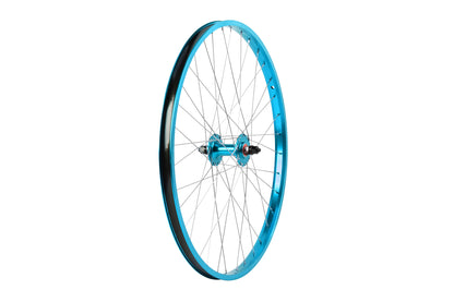 The Legends Front Wheel by Haro Bikes, featuring a sleek blue design with double wall rims and sealed alloy hubs, shines brightly against a plain white background, highlighting its modern elegance.