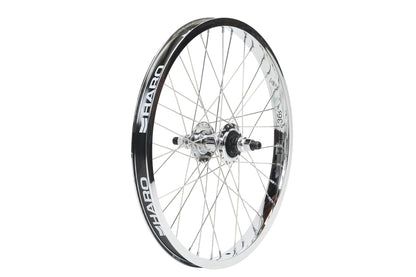 A Haro Bikes Lineage 36H Wheel Set, featuring silver freestyle wheels with black branding on the rim, metal spokes, and a reflective surface, viewed from the side at an angle.