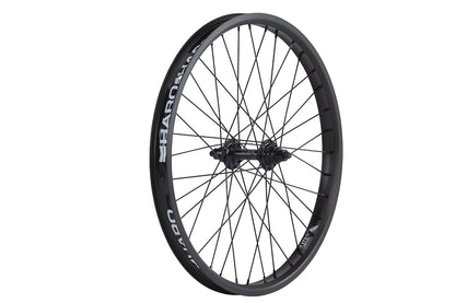 The Sata Front Wheel from Haro Bikes showcases sleek spokes and the Haro BMX logo on its unique rim design. With sealed alloy hubs, it stands upright, casting a shadow on the white background—a testament to modern design in Haro Sata Wheels.