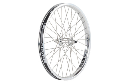 The Haro Bikes Sata Front Wheels display a silver bicycle wheel with a black proprietary rim shape, featuring multiple silver spokes and sealed alloy hubs. The brand name HARO is visible, and the image is isolated on a white background.