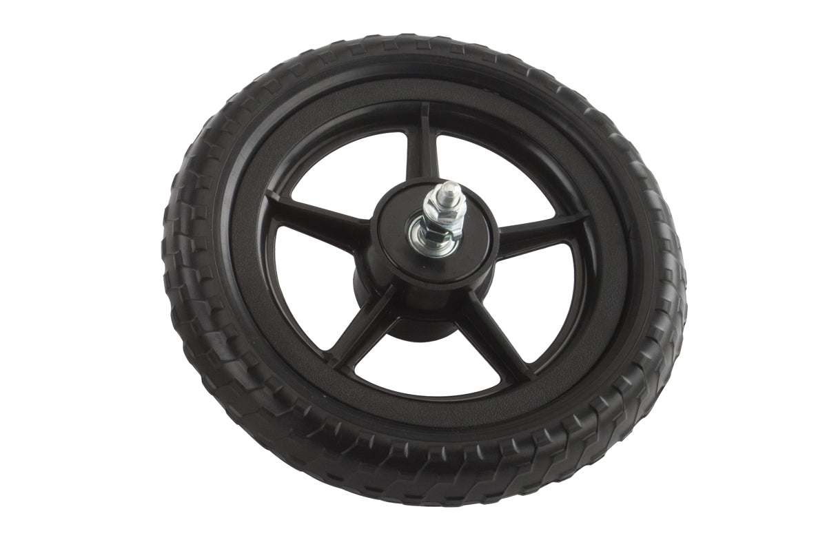 The Haro Bikes 12 PreWheelz Replacement Wheel, a black plastic model with a grooved tire, metal axle, and five-spoke design, is displayed against a white background. Its compatible with vehicle models from 2014 to 2019.