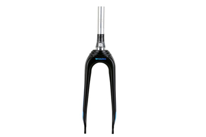 A Cliq Citizen Carbon Fork with a black finish and silver steerer tube, crafted from 6061 alloy, against a white background.